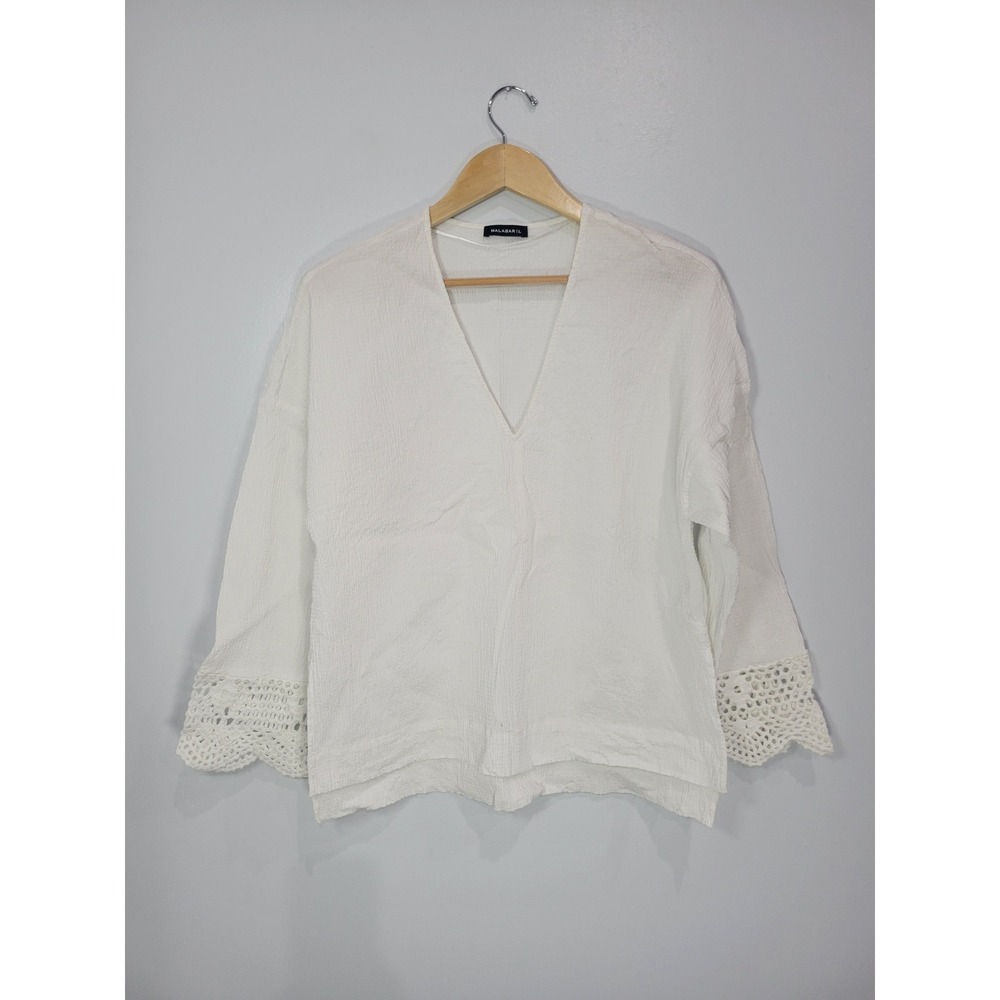 Malabar Womens White Textured V-Neck Blouse Crochet Lace Bell Sleeve Top Large